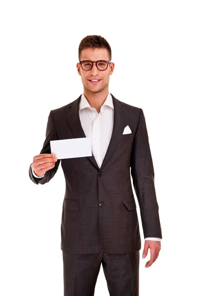 Happy smiling business man showing blank signboard, isolated — Stock Photo, Image