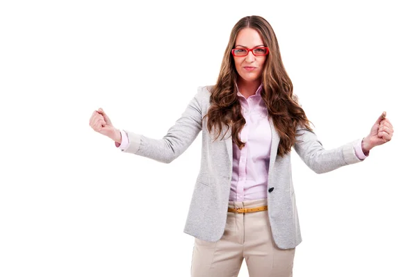 Framgångsrik affärskvinna med armar upp - isolerade över en vit ba — Stockfoto
