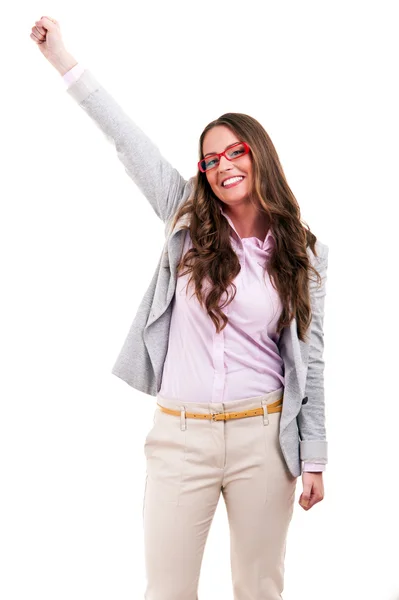 Successful businesswoman with arm up - isolated over a white bac — Stock Photo, Image