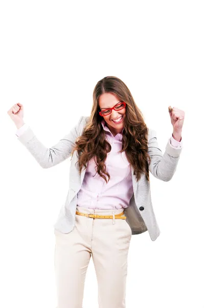 Successful businesswoman with arms up - isolated over a white ba — Stock Photo, Image
