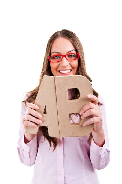 Jovem empresária com letras ab — Fotografia de Stock