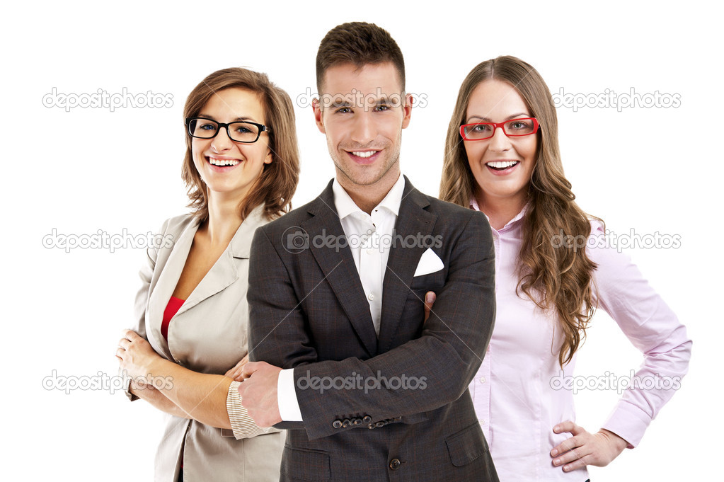 Businessman leading a business team and smiling