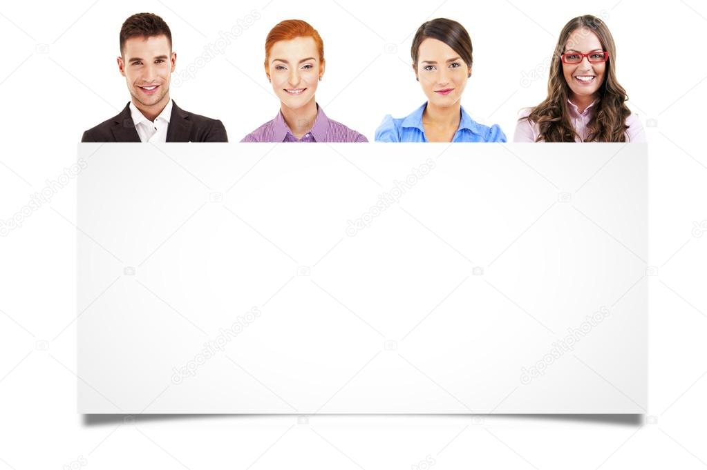 Four diverse professional businesspeople holding a blank banner