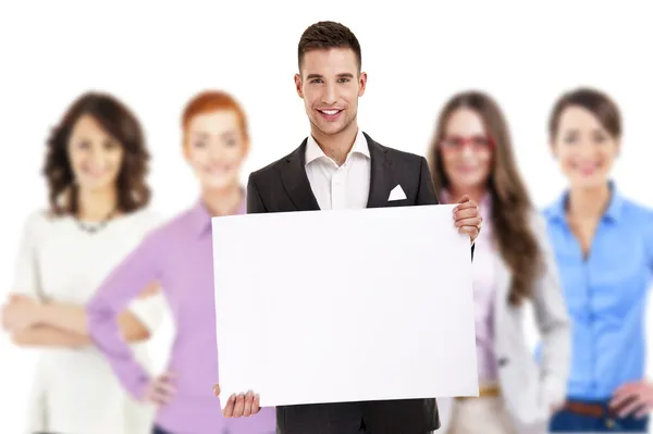 Succesvolle zakenman leidt een groep met bord — Stockfoto