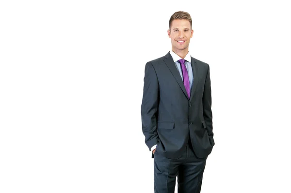 Full body portrait of happy smiling business man, isolated on wh — Stock Photo, Image