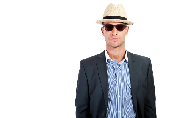 Retrato de um belo jovem homem de negócios com óculos de sol — Fotografia de Stock