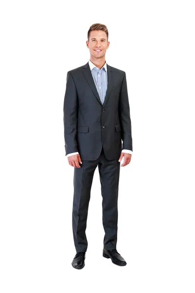 Full body portrait of happy smiling business man, isolated on wh — Stock Photo, Image