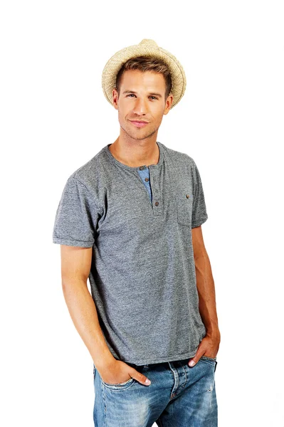 Relaxed young casual man with hat — Stock Photo, Image