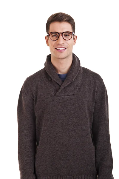 Ung vacker man med stort leende bär mode glasögon en — Stockfoto