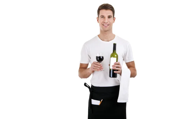 Portrait of a waiter holding a waine bottle — Stock Photo, Image