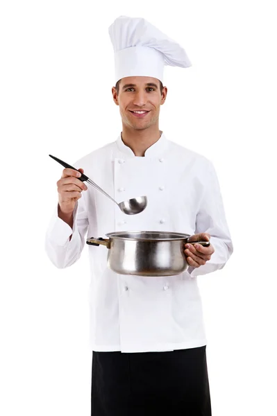 Chef. Isolated over white background. Holding pot and spoon — Stock Photo, Image