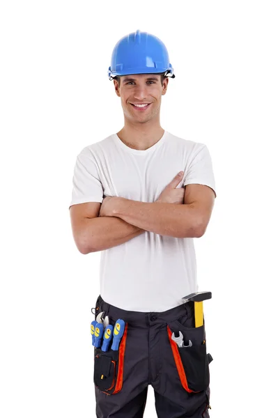 Constructeur dans un casque sur fond blanc — Photo