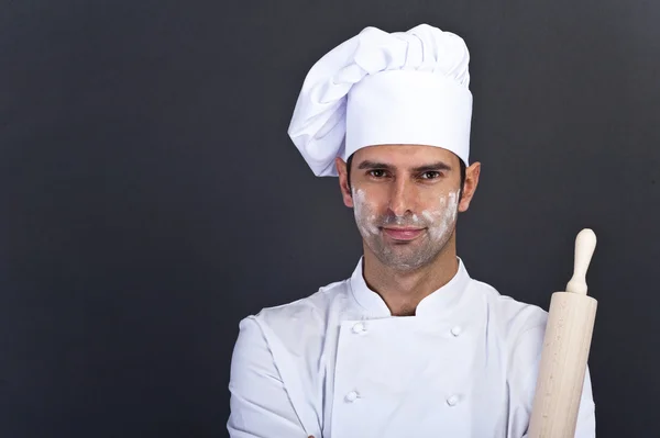 Portrét muže kuchaře šedé pozadí — Stock fotografie