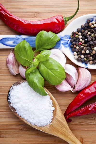 Gewürze auf Löffel mit Knoblauch und kühl — Stockfoto