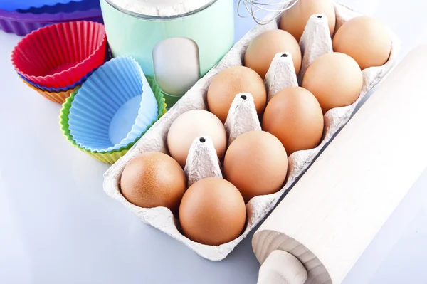 Mehl und Walze, Eier — Stockfoto
