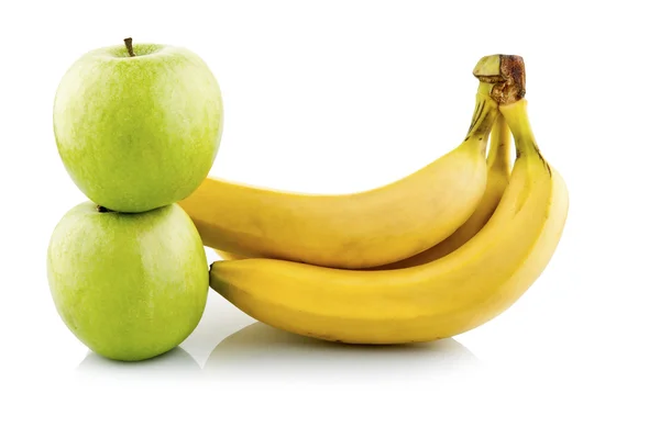 Green apples and bananas white isolated — Stock Photo, Image