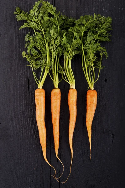 Manojo de zanahorias frescas con hojas verdes sobre fondo de madera . —  Fotos de Stock