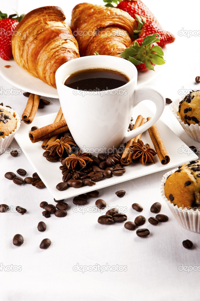 hot coffee and muffin, croissant