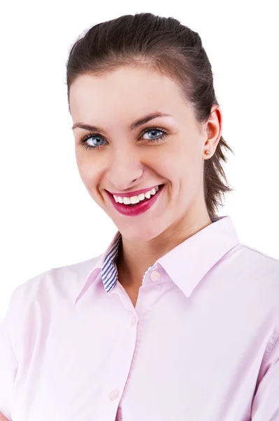 Portrait de heureuse jeune femme d'affaires isolée sur fond blanc — Photo