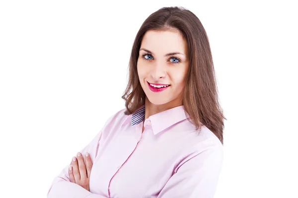 Retrato de mujer de negocios joven y feliz aislado en el fondo blanco —  Fotos de Stock