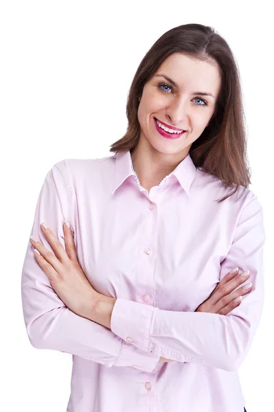 Mujer de negocios sonriente con las manos dobladas contra fondo blanco — Foto de Stock