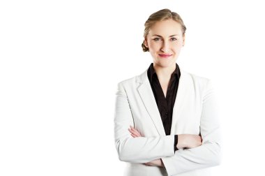 gülümseyen iş kadın, beyaz zemin üzerine izole. çapraz ar