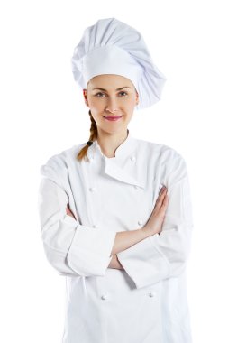 Aşçı kadın. Beyaz arkaplan üzerinde izole edilmiş