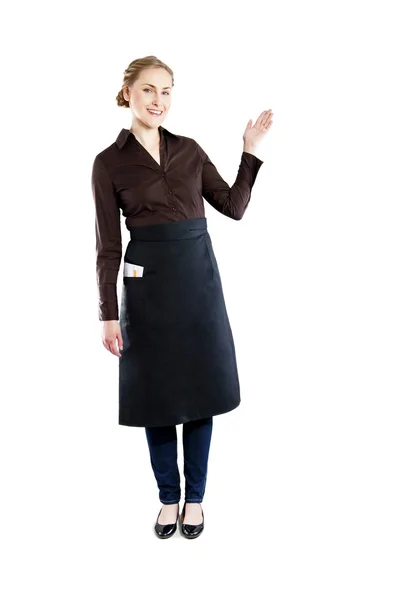 Eine attraktive junge Kellnerin mit weißem Hintergrund — Stockfoto
