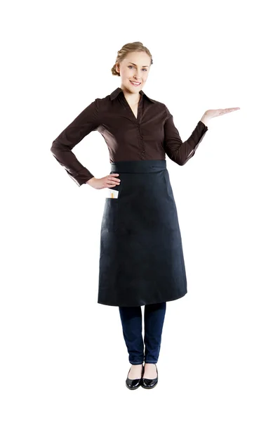 Una joven camarera atractiva con una bandeja sobre un fondo blanco —  Fotos de Stock