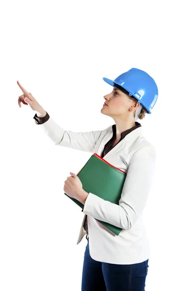 Mujer en hardhat señalando el dedo — Foto de Stock