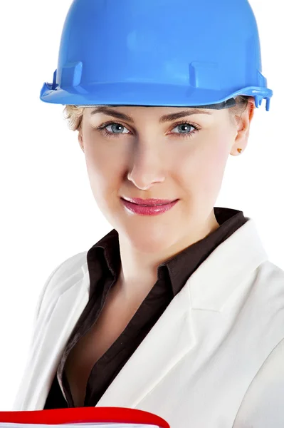 Portrait of confident young female architect standing isolated o — Stock Photo, Image