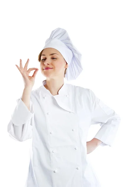 Mulher Chef dando um gesto perfeito com a mão. Jovem linda f — Fotografia de Stock