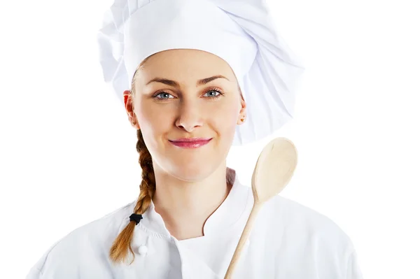 年轻女子厨师被隔绝在白色的肖像 — 图库照片