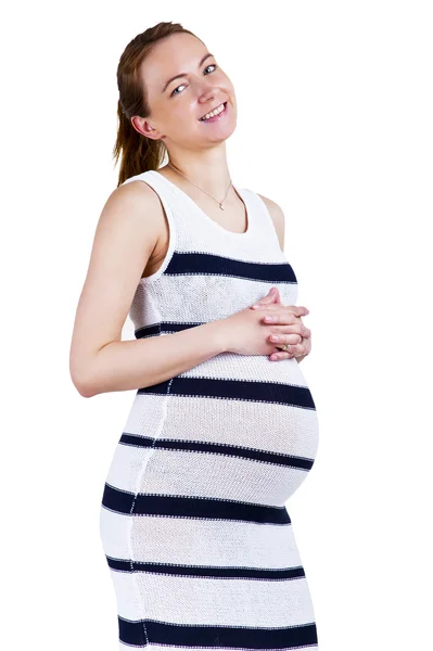 Woman in pregnant over white background smiling — Stock Photo, Image