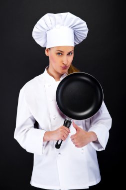 pişirme, gıda ve jest kavramı - gülümseyen kadın aşçı, yemek ya da