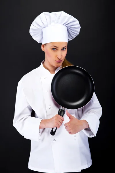 Cozinhando, gesto e conceito de comida - chef feminino sorridente, cozinheiro ou — Fotografia de Stock