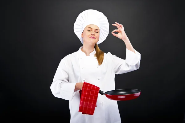 Chef woman. showing ok sign. — Stock Photo, Image