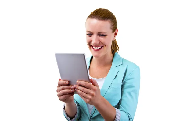 Усміхнена жінка з планшетом торкається — стокове фото