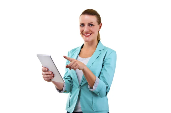 Donna sorridente con tablet toccante — Foto Stock