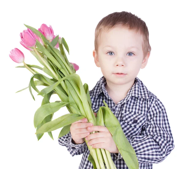 Portrait of a boy with a bouquet of tulips — Stock Photo, Image