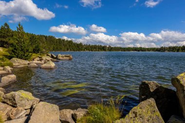 La Cerdanya 'da yaz manzarası, Pirenes Dağı Gölü, Katalonya, İspanya.