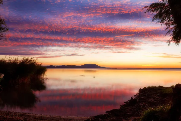 Чудовий Схід Сонця Над Озером Балатон Угорщини — стокове фото