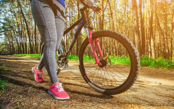 Yksi Nuori Nainen Urheilija Vaaleanpunaisissa Kengissä Kävelee Maastopyörän Kanssa Mäntymetsässä — kuvapankkivalokuva