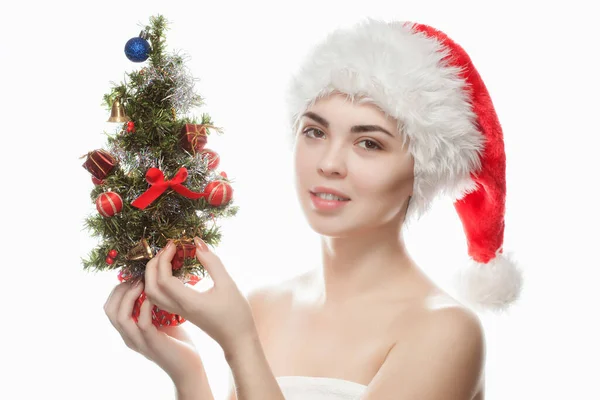 Portrait Beautiful Woman Red Hat Christmas Tree Christmas Balls Red — Stock fotografie
