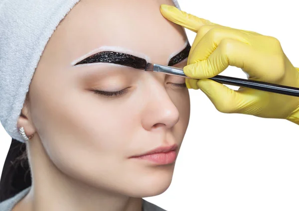 Make Artist Applies Paints Eyebrow Dye Eyebrows Young Girl Professional — Stock fotografie