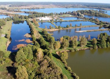 Orle Gölü, Pomerania, Polonya 'daki balık göletlerinin havadan görünüşü