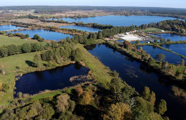 Vista Aérea Das Lagoas Peixes Pelo Lago Orle Pomerânia Polónia — Fotografia de Stock