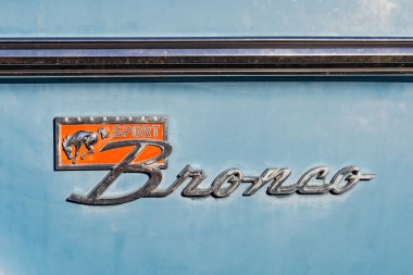 Loveland, CO - July 9,2022: Fender emblem of an old Ford Bronco Sport at the Loveland Classic Car Show