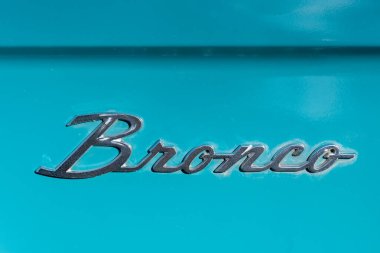Loveland, CO - July 9,2022: Fender emblem of an old Ford Bronco Sport at the Loveland Classic Car Show