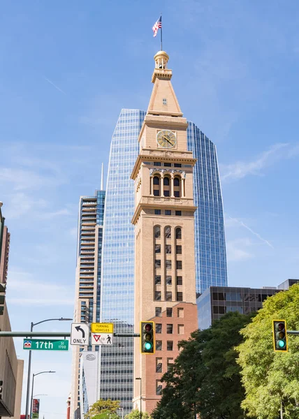 The historic Daniels & Fisher clock tower along the 16th Street Mall in downtown Denver, Colorado